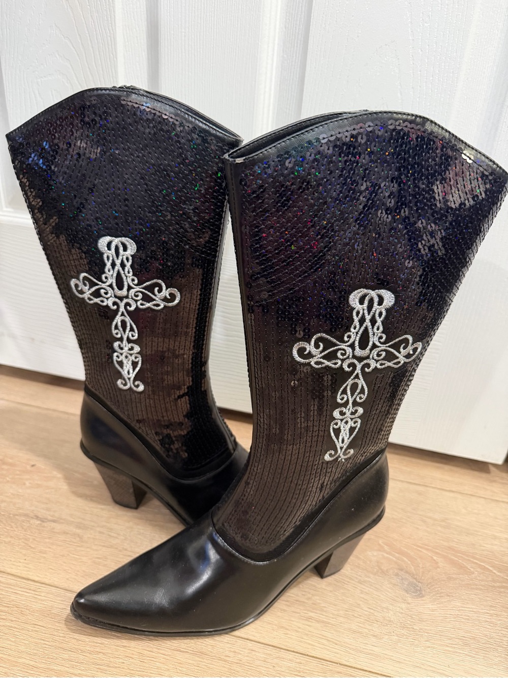 Women’s Black Sequin Western Boots with Embroidered Cross